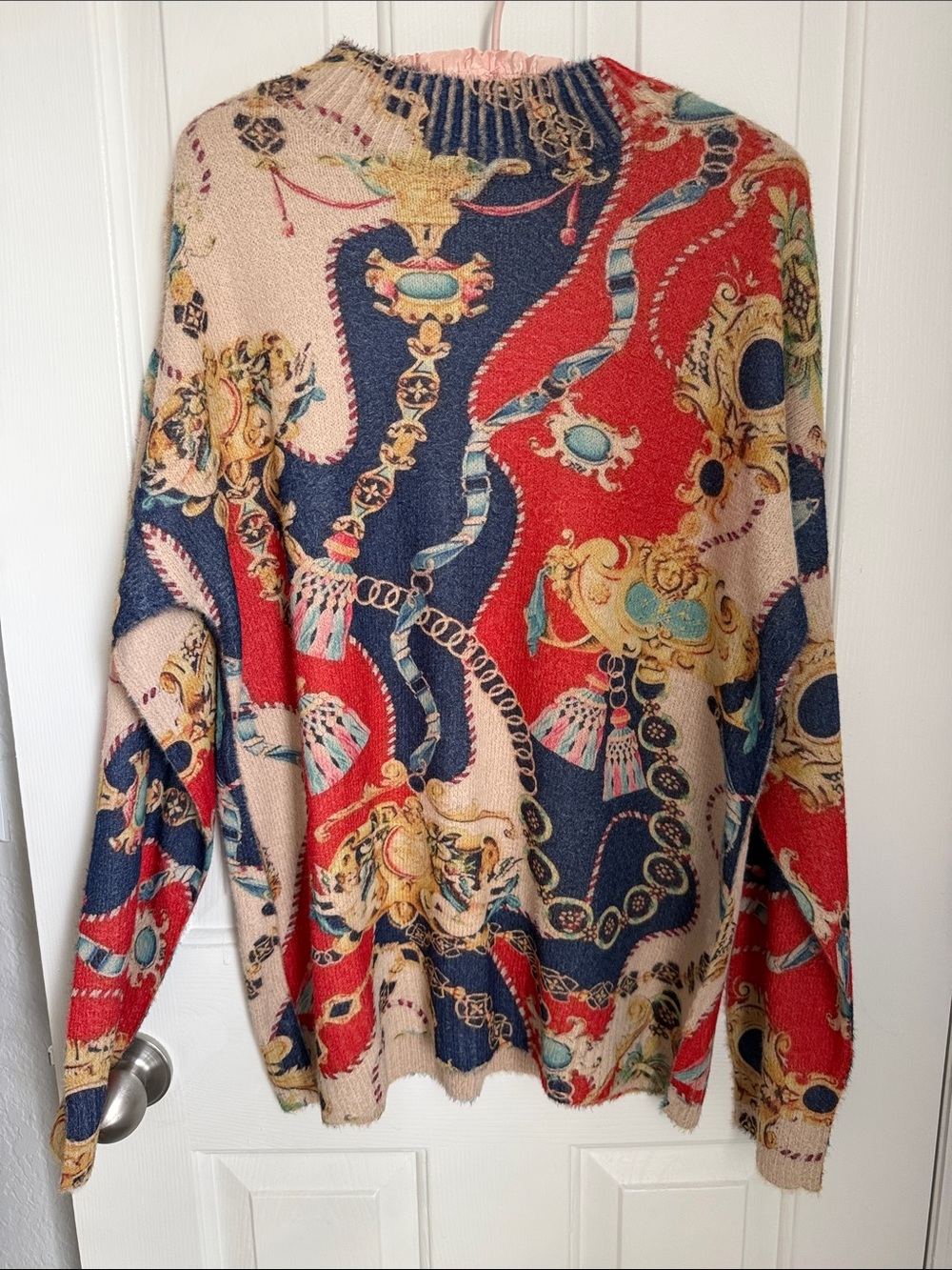 Vintage-Inspired Multicolor Chain & Tassel Print Sweater
